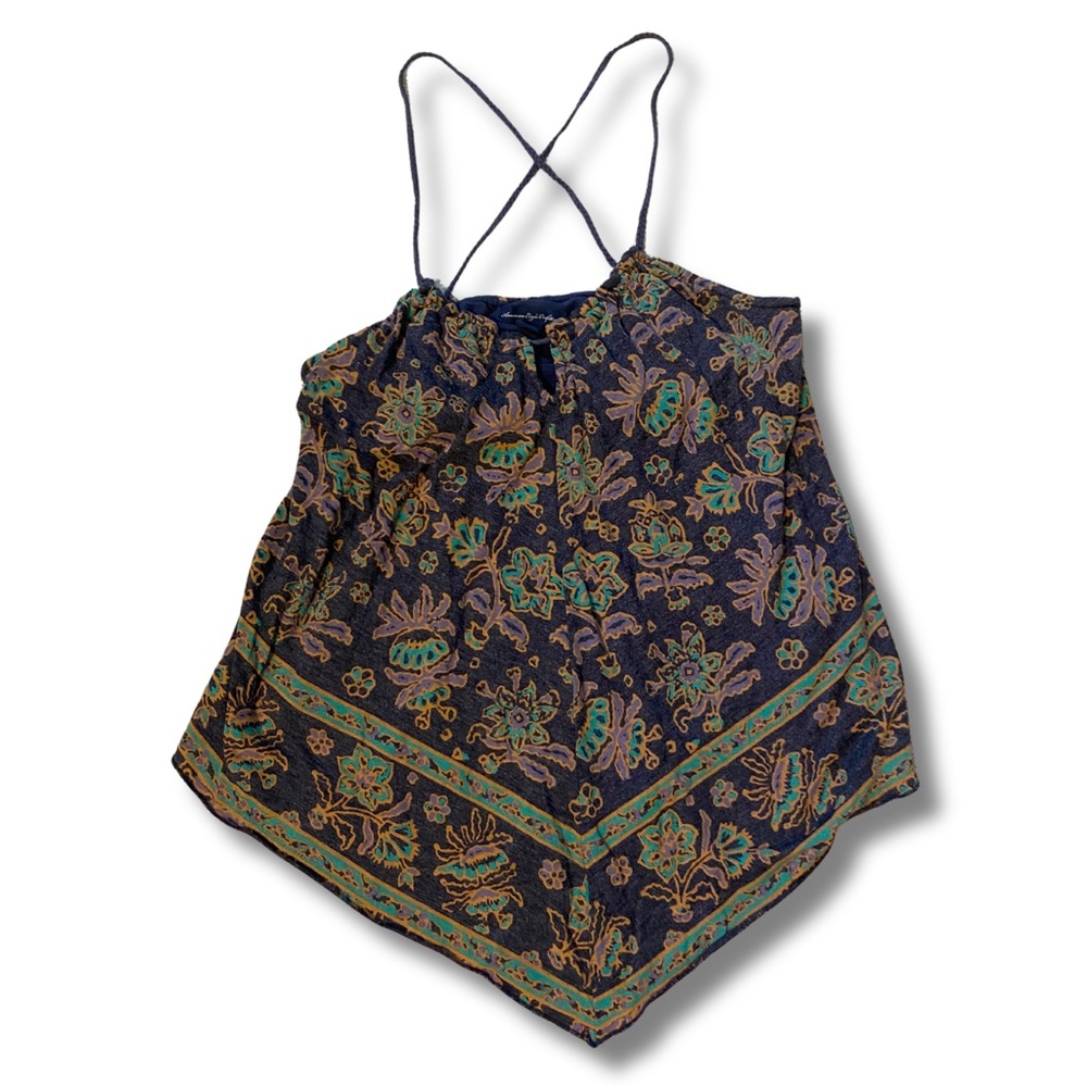 American Eagle Y2K Purple Floral Scarf Halter Top